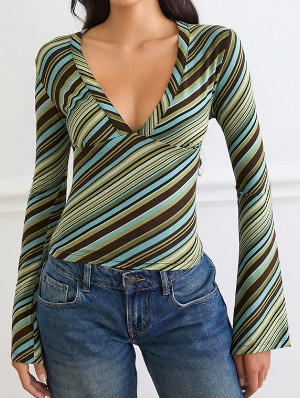 Colorblock Striped V Neck Bodycon Tops