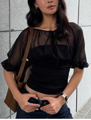 Gauze Sheer Lace-Up Cropped Tops
