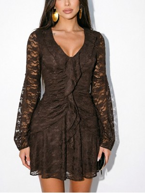 Lace Detail Solid Color V Neck Ruffle Dress