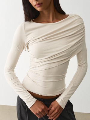 Ruched Design Long Sleeve Asymmetrical Tshirts