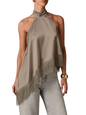 Satin Halter Fringe Asymmetrical Hem Tanks