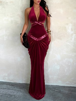 Halter Cutout Velvet Sleeveless Maxi Party Dress