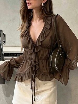 V Neck Lantern Sleeve Peplum Design Tops