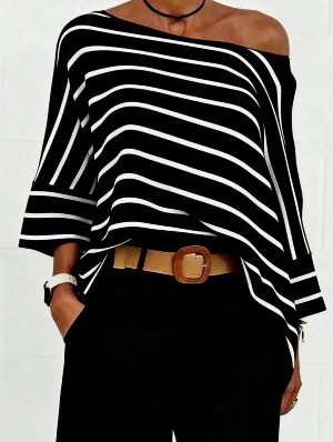 Striped Inclined Shoulder Short Sleeve Tshirts