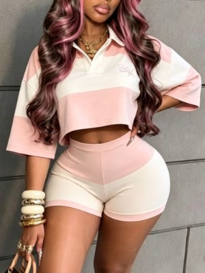 Contrast Striped Polo Cropped Short Sets