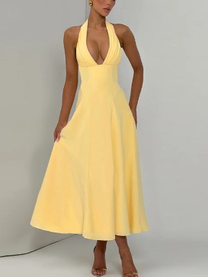 Halter Lace Up Backless Deep V Neck Dress