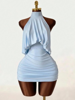 Ruched Halter Backless Lace-Up Mini Dress