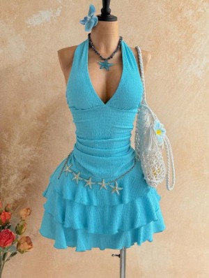 Ruched Halter V Neck Backless Mini Dress