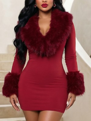 Fur Trim V Neck Long Sleeve Mini Dress