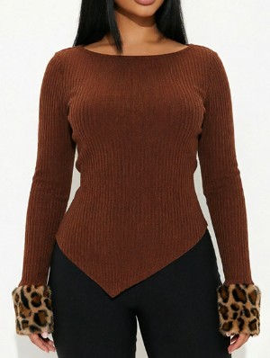 Leopard Fur Trim Asymmetrical Hem Tops