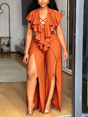 Wide Leg V Neck Ruffle Loose Jumpsuit