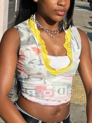 Graphic V Neck Lace Panel Cropped Tanks