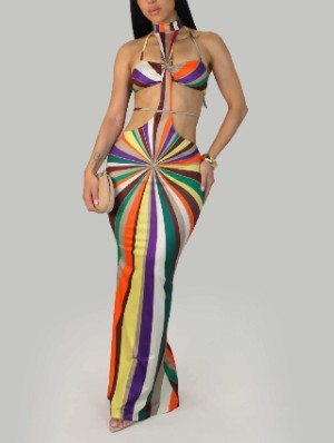 Colorblock Halter Backless Lace-Up Maxi Dress