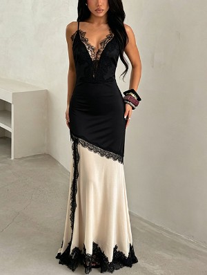 Colorblock Lace V Neck Split Hem Dress