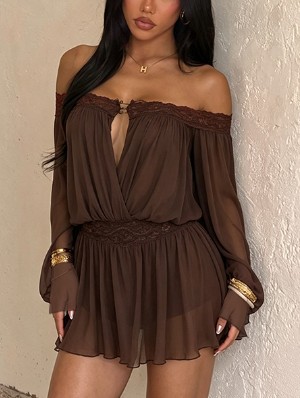 Boat Neck See Through Deep V Dress