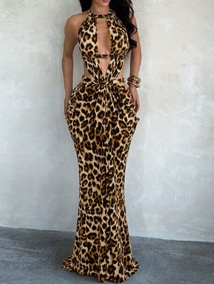 Leopard Ruched Halter Backless Maxi Dress