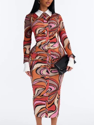 Ruched Contrast Ripple Lapel Maxi Dress