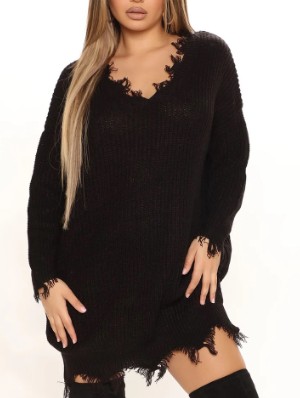 Ripped Fringe V Neck Knitted Mini Dress