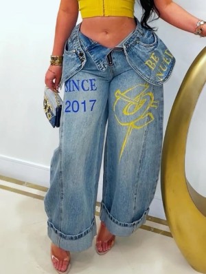 Irregular Graffiti Denim Wide Leg Jeans