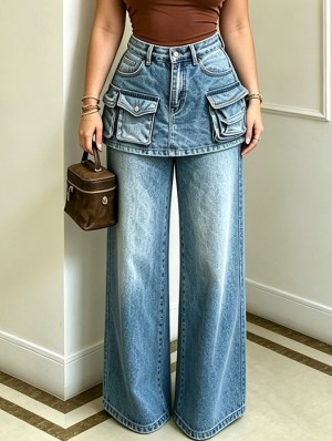 Faux Two-Piece Washed Denim Jeans