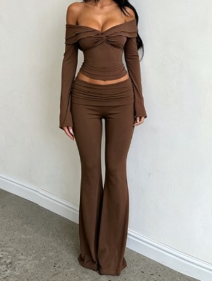 Boat Neck Knot Ruched Bodycon Pant Sets