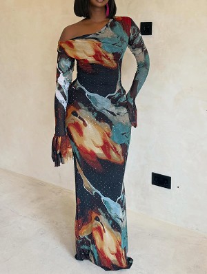 Tie Dye Inclined Shoulder Maxi Dress