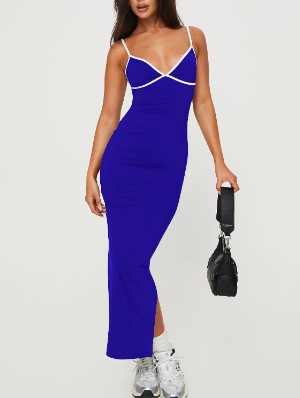 Slip V Neck Split Hem Backless Maxi Dress