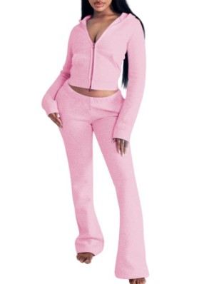 Plain Bare Waist Zipper Hooded Pant Sets
