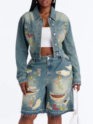 Floral Embroidery Denim Jackets Ripped Short Sets