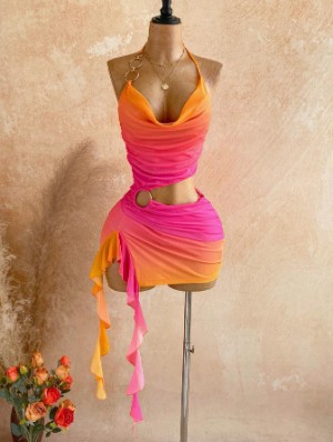 Gradient Halter Backless Ruffle Mini Dress