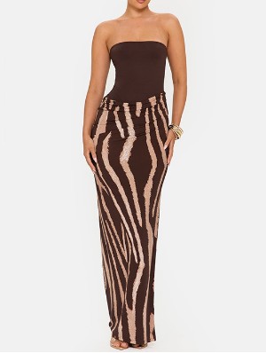 Zebra Printed Strapless Ruched Maxi Dress
