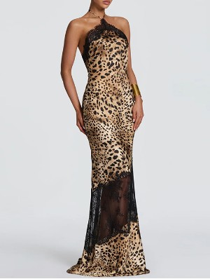 Leopard Halter Lace Detail Sheer Maxi Dress
