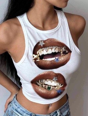 Grillz Teeth Lips Printed Cropped Tanks