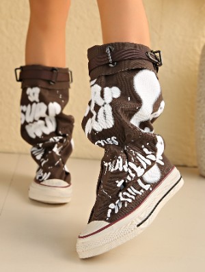 Graffiti Belt Buckle Canvas Mid-Calf Boots
