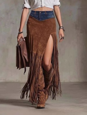 Suede Denim Patch Fringe High Rise Skirts
