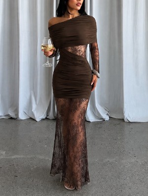 Lace Panel Inclined Backless Long Sleeve Dress