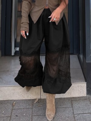Lace Panel Sheer Loose Ankle-tied Pants