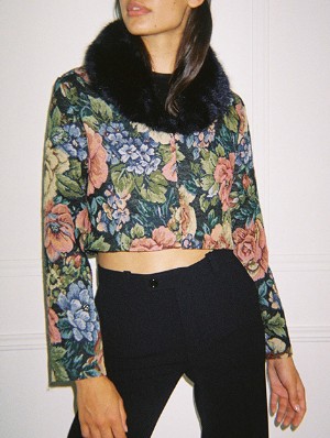 Fur Collar Vintage Floral Bare Waist Coats