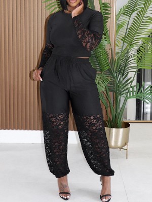 Lace Panel Sheer Cropped Ankle-tied Pant Sets