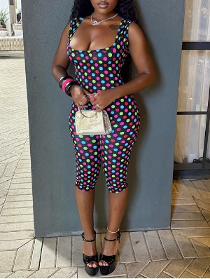Rose Dots Backless Ruched Capri Rompers