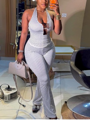 Polka Dots Halter Backless Flared Pant Sets