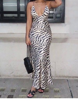 Zebra Halter V Neck Sleeveless Maxi Dress