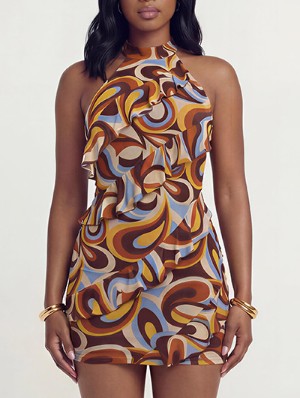 Colorblock Halter Backless Ruffle Mini Dress