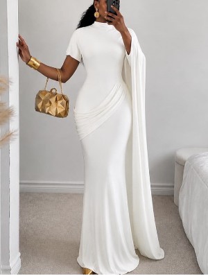 Ruched Mock Neck Ribbons Maxi Dress