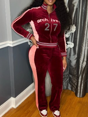 Striped Trim Velour Zipper Coats Pant Sets