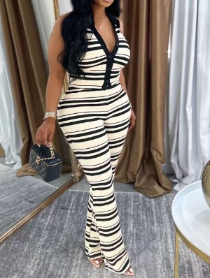 Striped Halter Backless Lapel Pant Sets