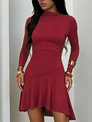Mock Neck Long Sleeve Ruffle Mini Dress