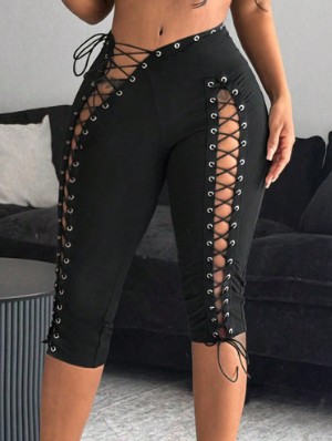 Eyelets Hollow-out Lace Up Capri Pants