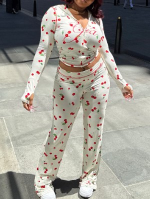 Cherry Letter Printed Zipper Hooded Pant Sets
