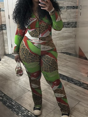 Leopard Cherry Zipper Hooded Pant Sets